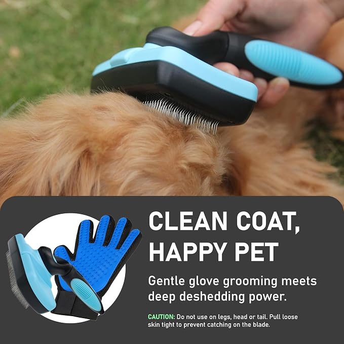 Maxpower Planet Pet Grooming Brush, Shedding Undercoat Rake, Dogs | Blue, Double-Sided Deshedding & Detangling, Rubber Non-Slip Handle, For Cats, Gloves Included