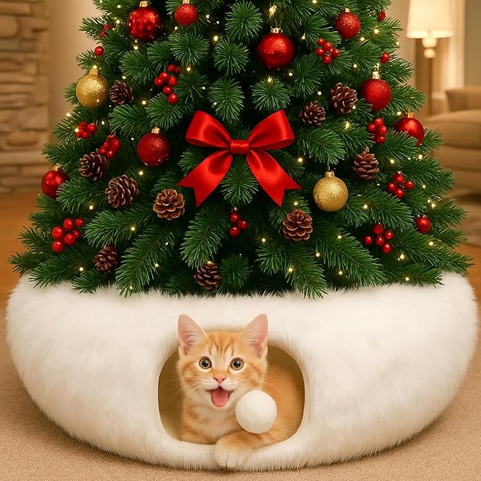 Hollowfly Christmas Cat Bed Tunnel 3ft x 3ft x 9.8in Under Tree Cat Donut Tunnels for Indoor Kittens Xmas Winter Plush Peekaboo Cave Toy Collapsible 3 Way for Small Kitty(Fluffy)