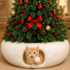 Hollowfly Christmas Cat Bed Tunnel 3ft x 3ft x 9.8in Under Tree Cat Donut Tunnels for Indoor Kittens Xmas Winter Plush Peekaboo Cave Toy Collapsible 3 Way for Small Kitty(Fluffy)