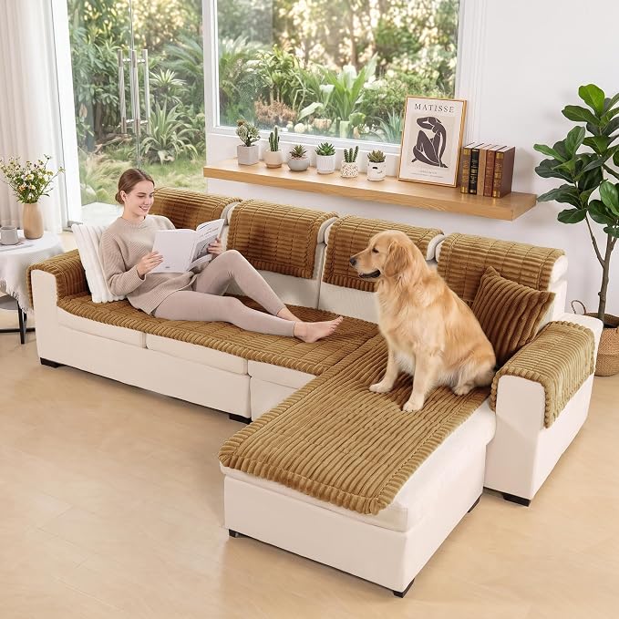 FUANGUI 2 Pack Waterproof Couch Cover for Dogs Pets Sofa Protector | Non-Slip Washable Fuzzy Soft Sofa Slipcover for 2 PCS L Shaped Sofa Pet Friendly, 27.6" x 70.9"+27.6" x 82.7", Camel