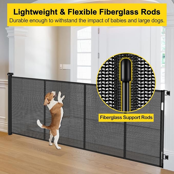 Reinforced 42” Extra Tall x 80” Wide Retractable Baby Gates with Rods to Prevent Crawling Through, Extra Tall Pet Gate for Large Openings Indoor Long Mesh Dog Gate for Stairs and Doorways, Black