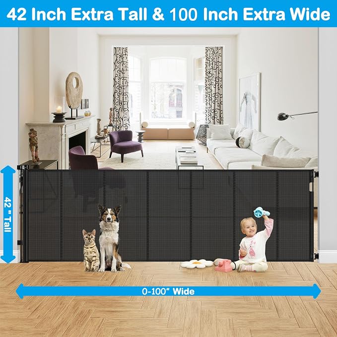 Reinforced Bottom 42" Extra Tall x 100" Extra Wide Retractable Baby/Pet Gate - Black Mesh - Wall Mount - Suitable for Babies, Dogs, Cats (6-24 months) - HH-A126