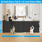 Reinforced Bottom 42" Extra Tall x 100" Extra Wide Retractable Baby/Pet Gate - Black Mesh - Wall Mount - Suitable for Babies, Dogs, Cats (6-24 months) - HH-A126
