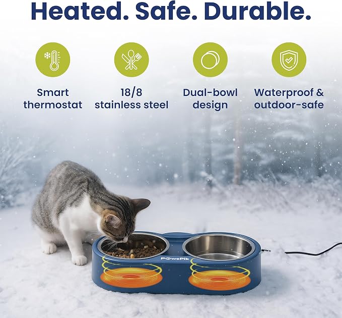 Heated Water Bowl for Cats, Outdoor Heated Pet Bowl in Winter | 18/8 Stainless Steel, Anti-chew Cord, Removable Bowls, Dual-bowl Heated System, Raised Ergonomic Stand, Blue, 3 Cups