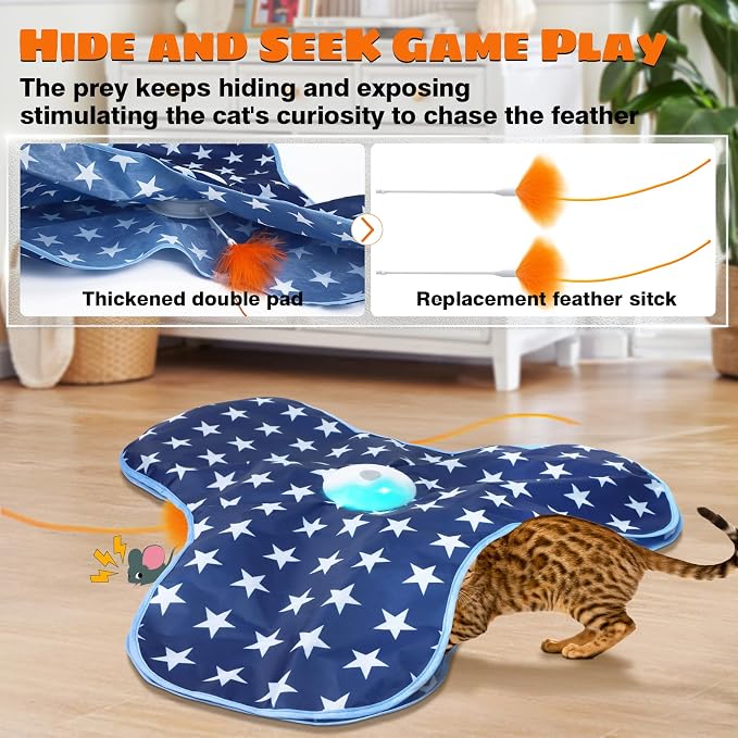 Oxawo Cat Toys Interactive Hide and Seek Cat Game | Mouse Chirping, Motion Activated Cat Toys with Moving Concealed Feathers Wand USB Rechargeable