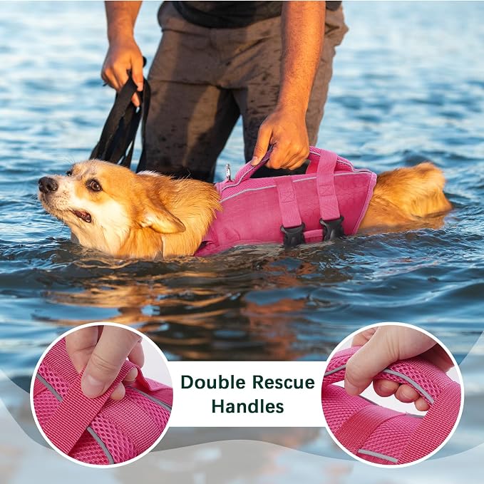 Kuoser Dog Life Jacket, High Flotation Reflective Dog Life Vest, Rose, XXL | Adjustable Dog Lifejackets for Small Medium Large Dogs, Lifevest with Rescue Handle for Swimming, Boating, Lake, Beach & Pool