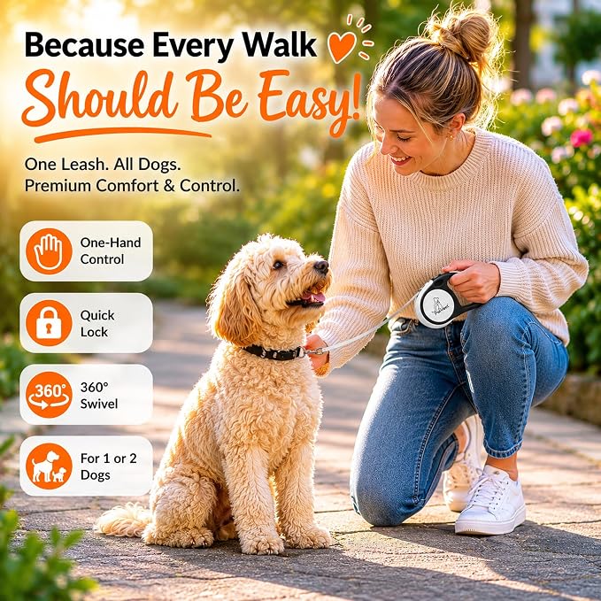 Dual Retractable Dog Leash,10 FT Tangle-Free Leash for 2 Dogs, Detachable for Single Use,One-Button Brake & Lock, Up to 44 lbs Each, 360° Swivel, Non-Slip Handle + Poop Bag Holder (Grey)
