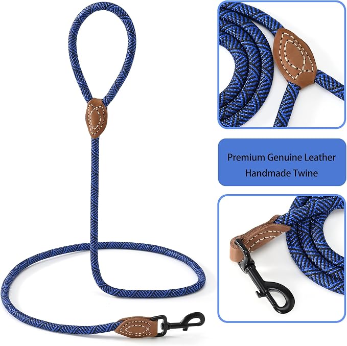 Mile High Life Dog Leash with Genuine Leather Connection, 6 FT/5 FT/4 FT | Rope Leash, Heavy Duty 360° Swivel Metal Clasp, for Small Medium & Large Dogs (Blue, 48 Inch)