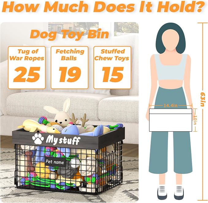 Dog Toy Bin Toy Basket Metal Storage Box with Handles Dog Organizer Chew-Proof Dog Toy Box Blankets Leashes Chest Puppy Dog Toy Storage Wood Metal Container Home Decor Pet Toys Dog Cat