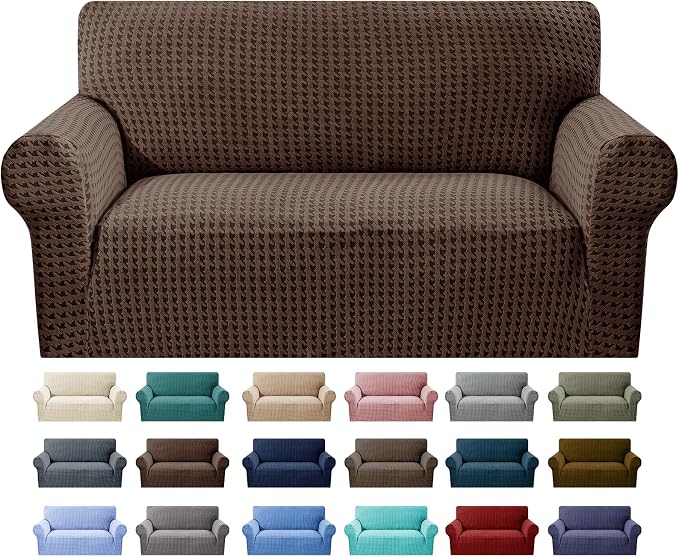MAXIJIN Stretch Loveseat Couch Cover for 2 Cushion Couch (55"-69" Washable Sofa Slipcovers with Non-Slip Foam & Elastic Strap, Dog Cat Pet Friendly Furniture Protector (Medium, Brown)