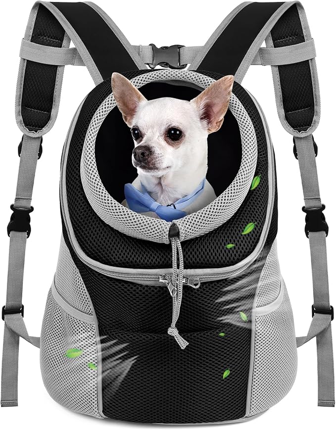 WOYYHO Pet Dog Carrier Backpack, Ventilated Small Dog Front Backpack | Small Dog Front Backpack, with Adjustable Straps, Safety Belt, Storage Pockets, for Travel Hiking Outdoor, Grey, M