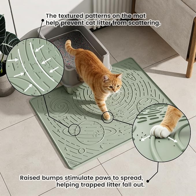 Large Cat Litter Mat 31.5x23.6" High Raised Edge Silicone, Sage Green | Galaxy pattern; waterproof floor guard; non-slip base; BPA-free; easy-rinse surface; scatter control; soft on paws
