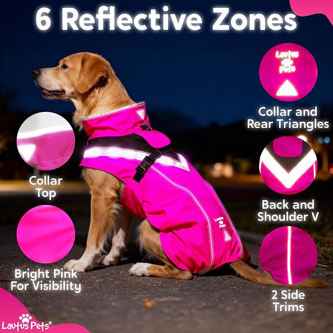 Waterproof Dog Rain Coat, Reflective Safety Strips & Leash Hole – Lightweight Adjustable Jacket for Medium Breeds - L, Pink