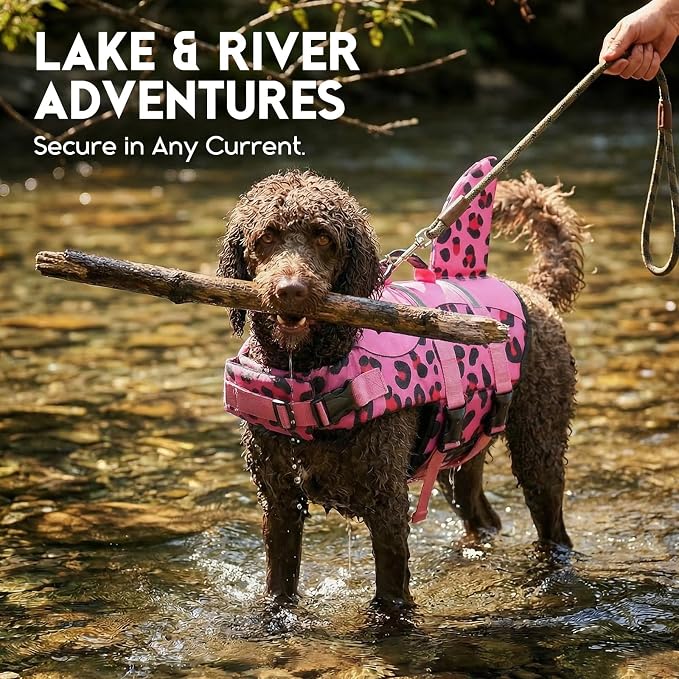ASENKU Dog Life Jacket - Pet Safety Vest for Swimming & Boating, Shark Life Jacket with Floatation, Dog Lifesavers Swimsuits for Small Medium Large Dogs (Pink Leopard, 2XL)