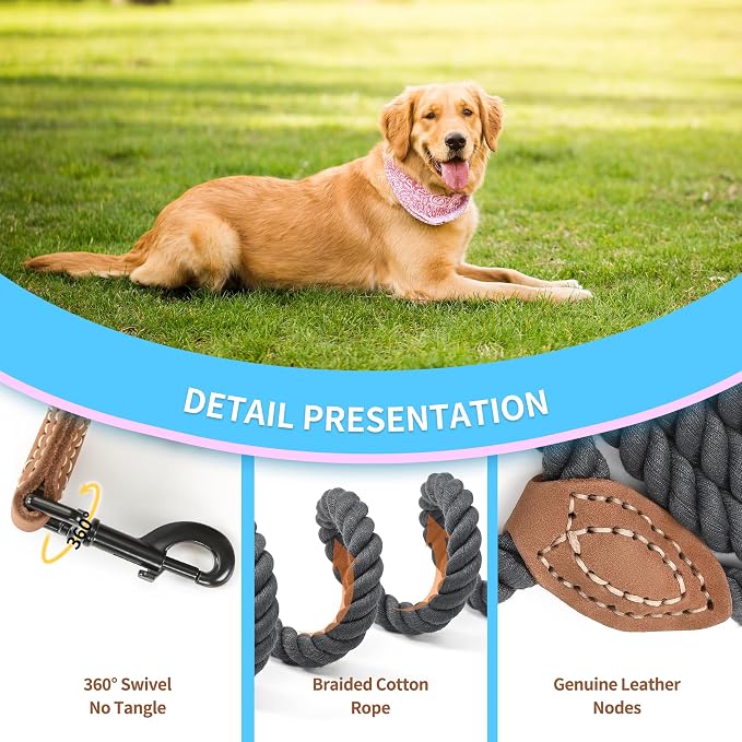 Mile High Life Dog Leash Braided Cotton Rope with Leather-Reinforced Ends | Rust-proof 360° swivel clasp, Heavy-duty for medium/large dogs. Great for weddings, daily walks (18IN, 1/2", Dark Gray)