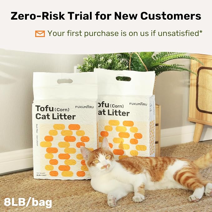 FUKUMARU Tofu Cat Litter - Natural Lightweight Bean Dregs & Corn Starch Cat Litter Pellets, 99.9% Dust Free Quick Clumping, Effective Odor Control, Flushable, Low Tracking, 32lb (8lb x 4 Bags)