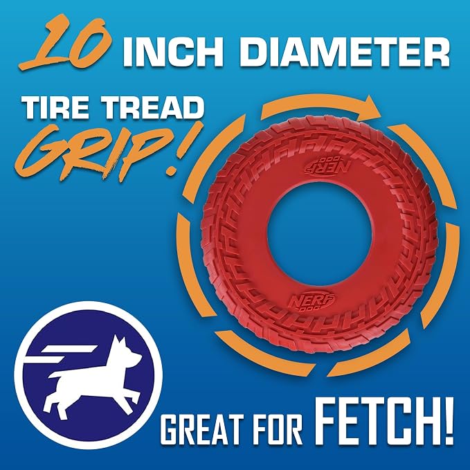 Nerf Dog Tire Flyer Dog Toy Gift Set, 10 Inch Flying Disc Dog Fetch Toys, Rubber Dog Toy for Medium Dogs and Large Dogs, Red, Translucent Green and Translucent Blue, 3 Count