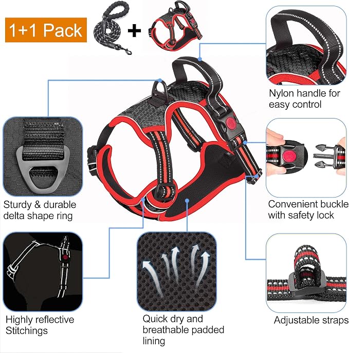 tobeDRI No Pull Dog Harness Adjustable Reflective Oxford Easy Control Medium Large Dog Harness with A Free Heavy Duty 5ft Dog Leash, Black/Red, M