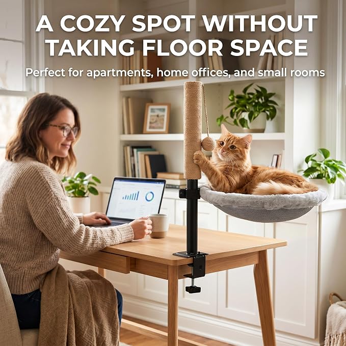PatiencET Cat Desk Bed with Scratching Post Adjustable Clamp-On Perch | 13.8 in clamp-on bed fits flat tabletops up to 3.3 in; adjustable support, rope scratching post and washable cover