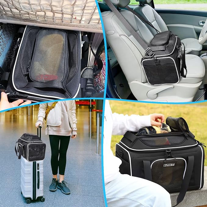 Petskd Top-Expandable Small Pet Carrier 17"x12"x8.5" Airline Approved | for JetBlue/Frontier/Spirit Airlines, Lockable Safety Zippers and Anti-Scratch Mesh, Soft-Sided, Pets Under 8 Lbs, Black