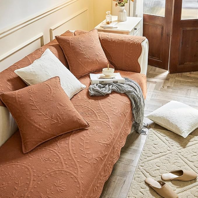 Leaf Floral Cotton Quilted Dog Couch Cover for Sofa Farmhouse Rustic Embroidered Sectional Couch Cover Soft Anti-Slip Sofa Slipcover Furniture Protector for Kids, Pets (Orange,28"x59")