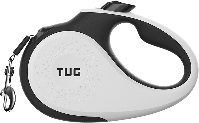 TUG 360° Tangle-Free Retractable Dog Leash with Anti-Slip Handle | 16 ft Strong Nylon Tape | One-Handed Brake, Pause, Lock (Small, White)
