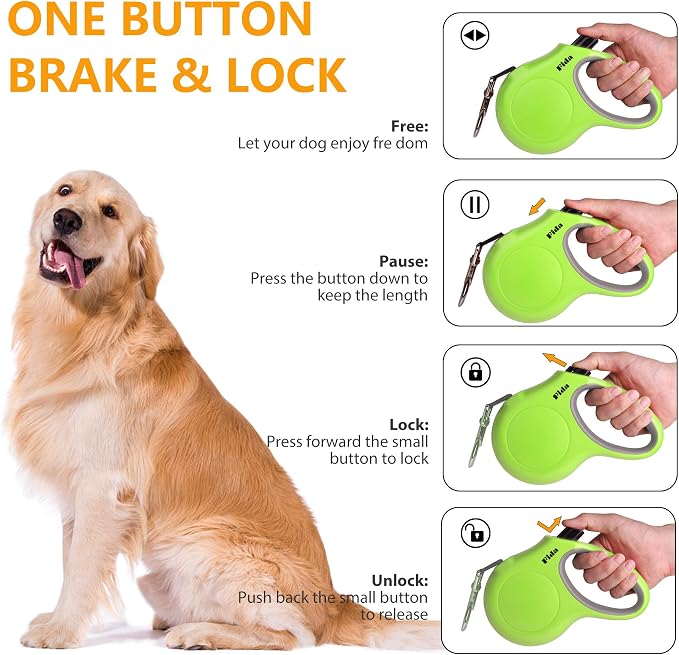 Fida Retractable Dog Leash for Medium Breed up to 44 lbs, 16 ft Pet Walking Leash with Dispenser and Poop Bags, Anti-Slip Handle, Reflective Strong Nylon Tape, One-Handed Brake (M, Green)