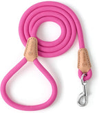 Mile High Life Dog Leash with Genuine Leather Connection, 4/5/6 FT | Rope Leash, Heavy Duty 360° Swivel Metal Clasp, for Small Medium & Large Dogs (Bright Pink, 60 Inch)