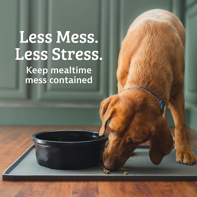 Leash Boss Dog Food Mat - Waterproof Non-Slip Dog Bowl Mat - Raised Lip Spill Containment Pet Feeding Pad - Dishwasher-Safe Silicone Tray - XXL, 30" x 22", Gray