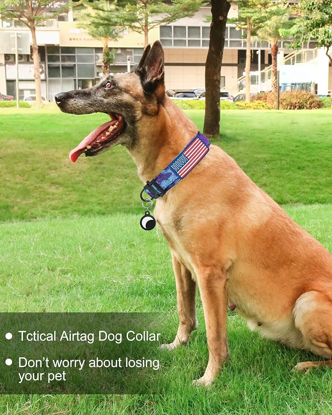 Hotsky Tactical Dog Collar, Adjustable Military Training Nylon Airtag Collar with Handle and Heavy Duty Metal Buckle for Medium Large Dogs, with Airtag Holder and Two Patches（Purple Camo,L）