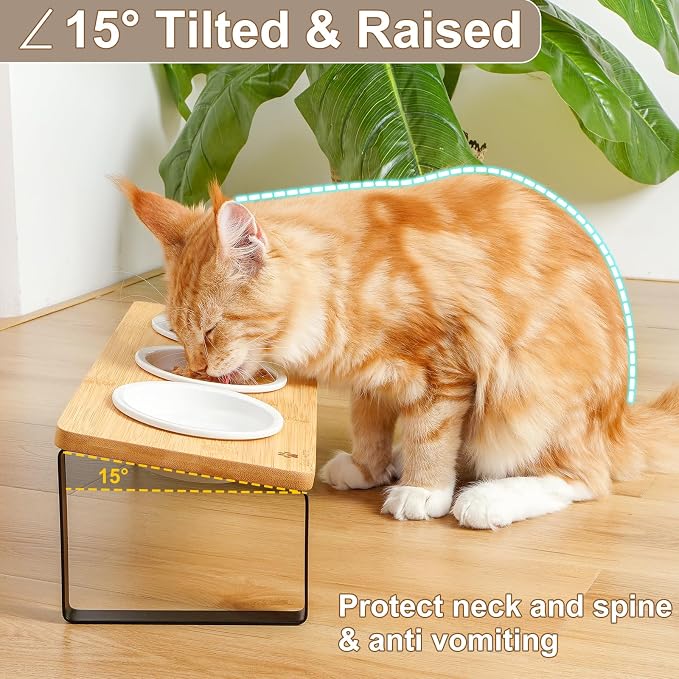 Sunhoo Raised Cat Food Water Bowl Elevated Tilted Kitty Dishes Set of 3 Ceramic Dish for Indoor Cats Orthopedic Pet Food Stand Reduces Vomiting 3 Bowl Cat Feeder Easy Assembly(Wood Color)