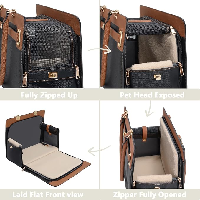2-in-1 Stylish Dog Purse Carrier Soft-Sided Carriers Travel Tote Bag for Small Dogs Cats, Fashion Foldable Pet Bag for Puppies Small Animals with Pockets (Black+Brown, 15" L x 7.5" W x 12.2" H)