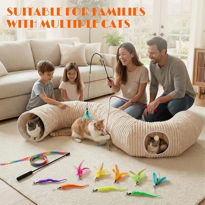 Cat Tunnel Bed with Interactive Cat Toys – 31.5" Large Collapsible Play Tunnels for Indoor Cats, Soft Plush Washable Hide & Seek Tube, Perfect for Small to Large Kittens and Adult Cats (White)