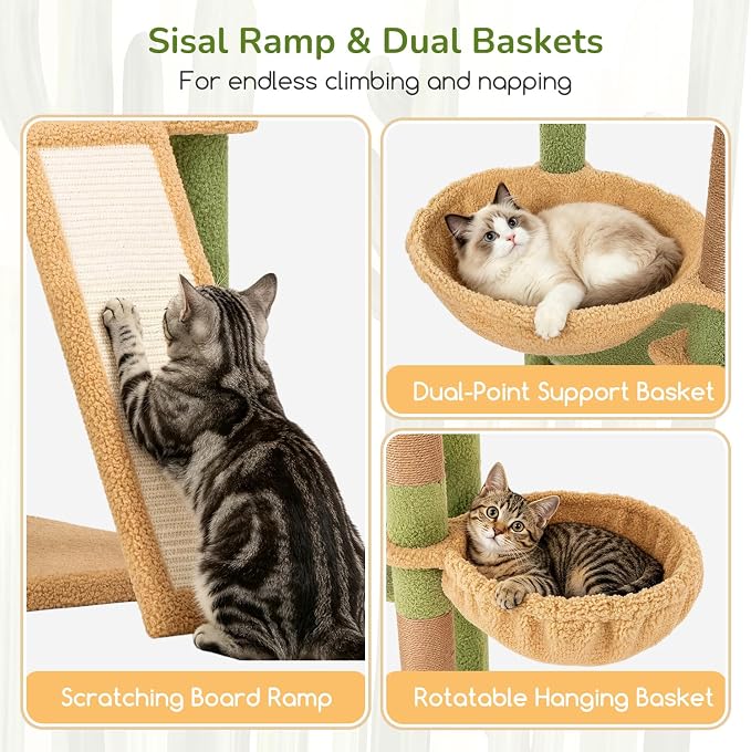 Globlazer Extra Large Heavy Duty Cactus Cat Tree, 80in Sturdy Cat Tree Tower for Multiple Indoor Cats Large Adult with Scratching Posts, 2 Spacious Condos with Padding, 2 Soft Perches, S80C, Green