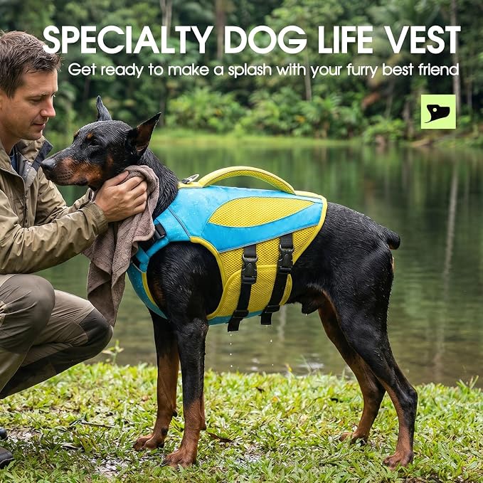 Life Jacket for Large Dogs, High Buoyancy Dog Life Vest for Swimming, Adjustable Dog Swimming Vest Lifejacket with Reflective Strips Rescue Handle for Boating, Blue Yellow XXL