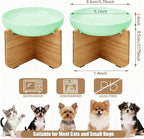 Shallow Elevated Cat Bowls with Bamboo Stand, 6.1 Inch Wide Ceramic Cat Dish Whisker Friendly, 2 Pack Pet Food and Water Plates