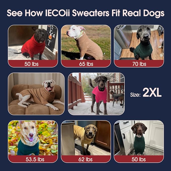 IECOii XXL Dog Sweater,Thermal Knit Big Dog Sweater Christmas,Pet Turtleneck Doggy Sweatshirt for Extra Large Dogs Boy Girl,Stretchy Large Dogs Cold Weather Outfit Pitbull Clothes,(Green XXL)