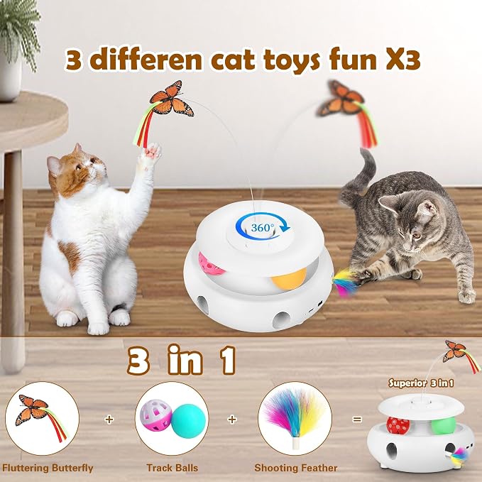 3-in-1 Interactive Cat Toy for Indoor Cats, White | Rechargeable Automatic, Fluttering Butterfly, Moving Feather, Smart Sensor 6 Holes Whack-A-Mole, Track Balls