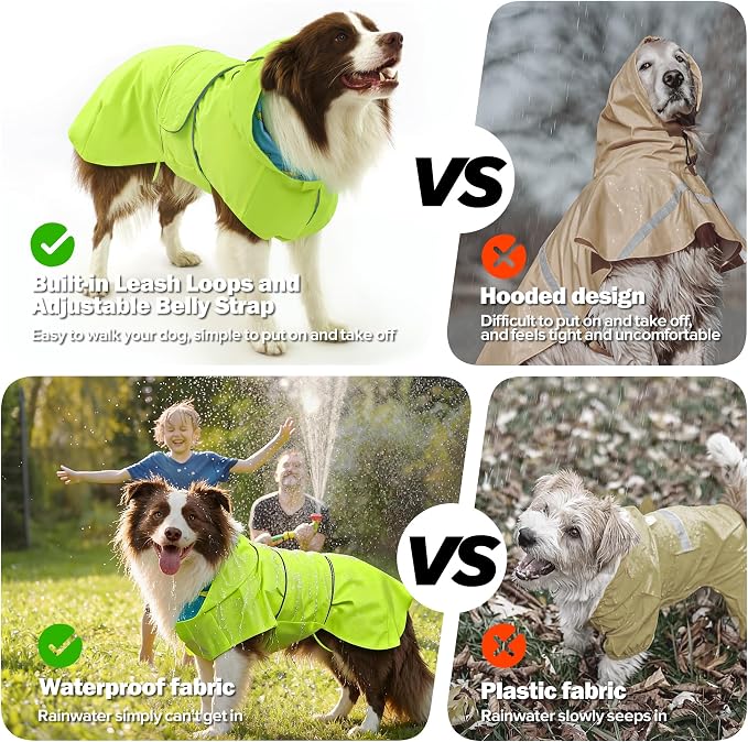 Kimee Dog Raincoat Reversible, Single Side Slicker Poncho Adjustable Waterproof Dog Rain Jacket with Leash Hole/Reflective Stripe Hooded Snowproof Windproof Clothes for Small to 3X-Large Dogs, S