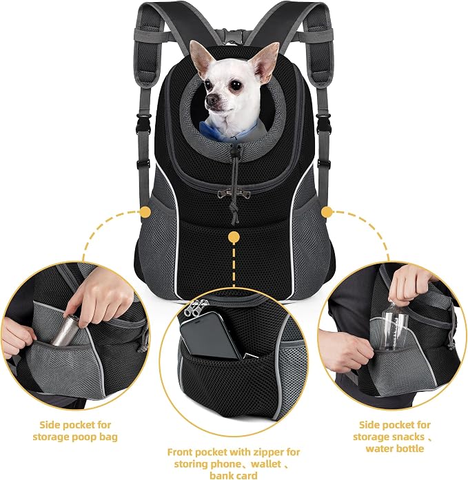 WOYYHO Pet Dog Carrier Backpack, Ventilated Small Dog Front Backpack | Small Dog Front Backpack, with Adjustable Straps, Safety Belt, Storage Pockets, for Travel Hiking Outdoor, Classic Black, M