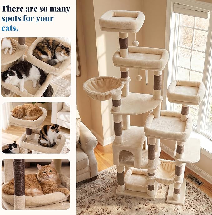 Hey-brother Cat Tree Tower, Wide Base, 5 Platforms for Multi-Cats, MPJ074MJ | 72.8 Inches Tall Furniture, 5 Plush Beds, Large Condo, Big Hammocks, Sisal Scratching Posts, for Indoor Adult Cat Beige Brown