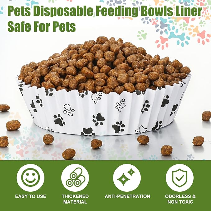 meekoo 600 Pcs Large Pet Disposable Feeding Bowls Liner Bulk Cat Food Bowls Small Paper Dish Paper Liner for Small Dogs Cats Dish Wet Food Feeding Station(White,Paw)