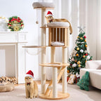HITTITE Solid Wood Cat Tree Tower with Scratching Post, 61 Inches Tall Cat Towers with Capsule and Condo, Modern Cat Tower with Hammock and Removable Top Bed for Indoor Cats.White