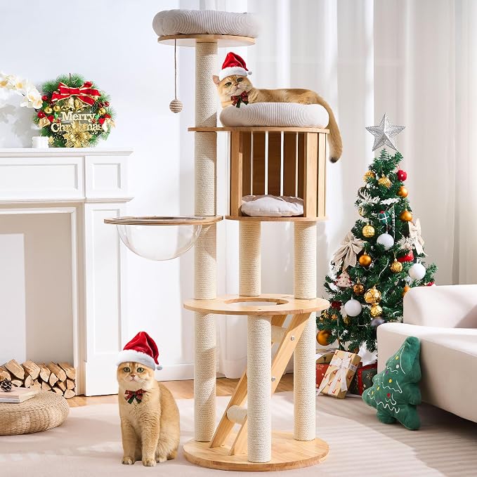 HITTITE Solid Wood Cat Tree Tower with Scratching Post, 61 Inches Tall Cat Towers with Capsule and Condo, Modern Cat Tower with Hammock and Removable Top Bed for Indoor Cats.White