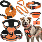 LOBEVE No Pull Dog Harness, Collar & Leash Set | Includes Dog Seat Belt, Collapsible Bowls & Poop Bag Dispenser. Ideal for Training, Walking, Hiking. Fits Small to Large Dogs(Orange-XL)