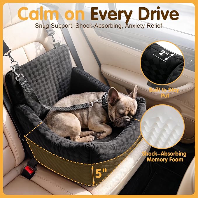 Topmart Dog Car Seat for Small Medium Dogs Under 35lbs, Cozy Pet Seat | Foam Safety Dog Booster Seat for Back Seat, Pet Bed for Car with Safety Tether, Storage Pockets, Machine Washable Cover Black