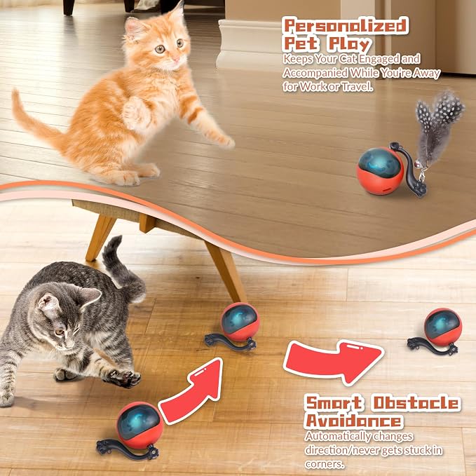 Interactive Cat Toy Ball, Automatic Self-Rolling Cat Toy with Feather Tail, Rechargeable Smart Cat Ball for Indoor Cats（Red）
