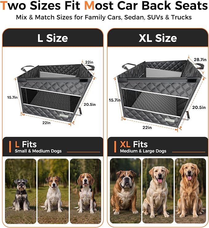 Doglike UNBREAK Hard Bottom Dog Car Seat for Back Seat [Military-Grade Protection], 450LB Ultra-Support Back Seat Extender for Dogs Carseat, Passenger Frinedly Waterproof Pet Carseat XL Size