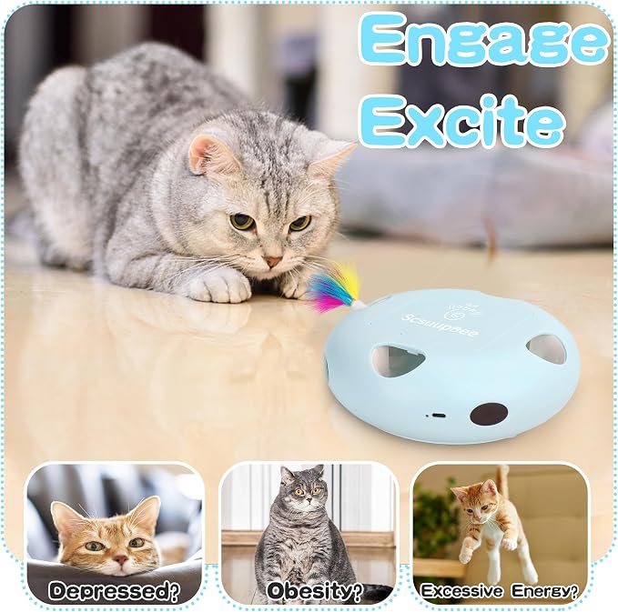 Rechargeable Interactive Cat Toy, Blue | Smart Sensor Pop-Up Feather Toy, 7 Holes, USB Powered Automatic, For Indoor Cats