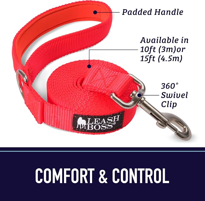 Leash Boss 15 Foot Dog Leash with Padded Handle - Long Leash for Hiking, Camping, Exploring, or Walking (15 Ft, Black/Red/Grey)